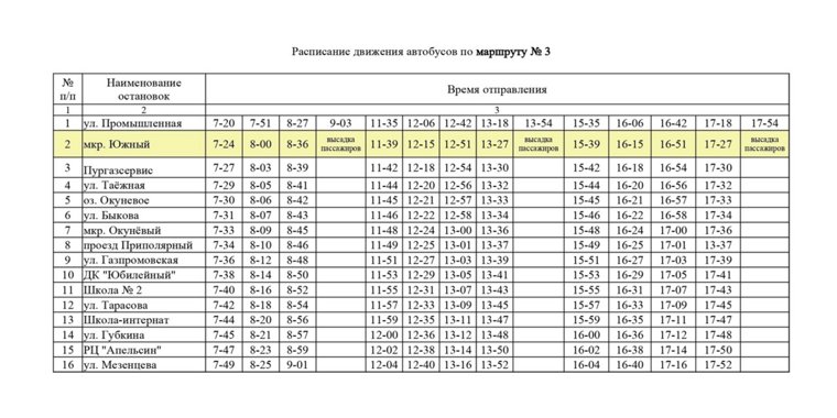 Расписание движения маршрута №3