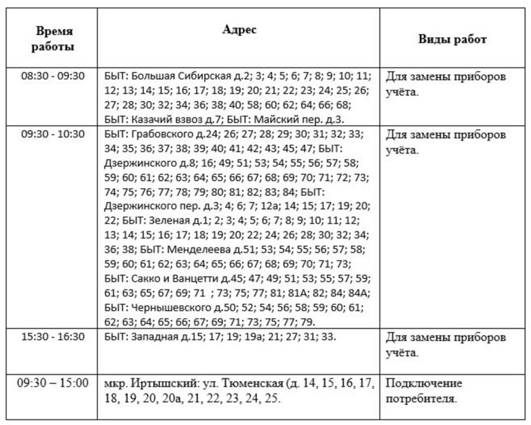 График отключения электроэнергии в Тобольске