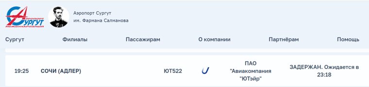 Самолет из Сочи прилетит в Сургут в 23:18 по местному времени