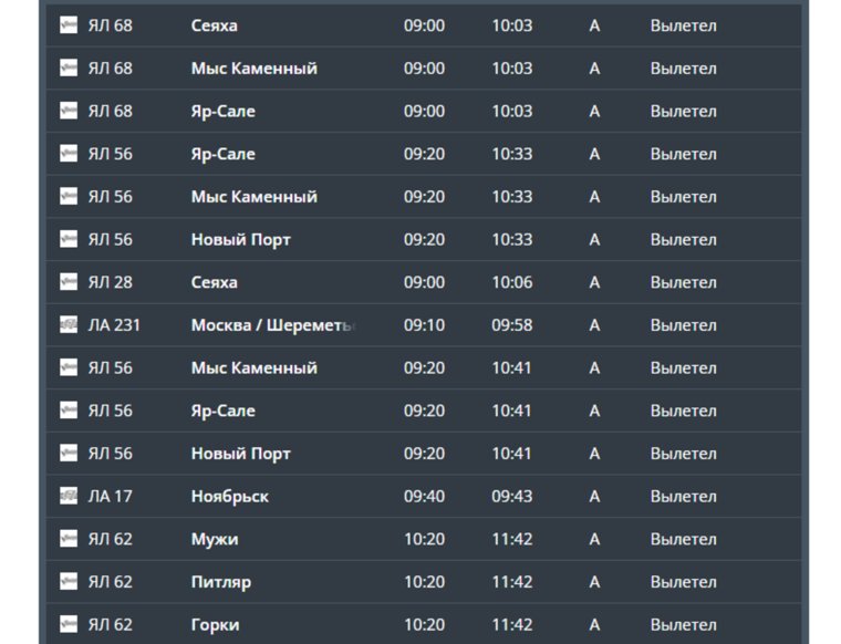 Онлайн-табло аэропорта в Салехарде