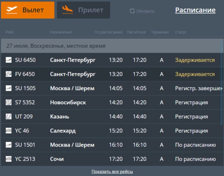 Онлайн-табло аэропорта Рощино