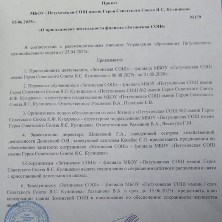 Приказ по школе в Зотино