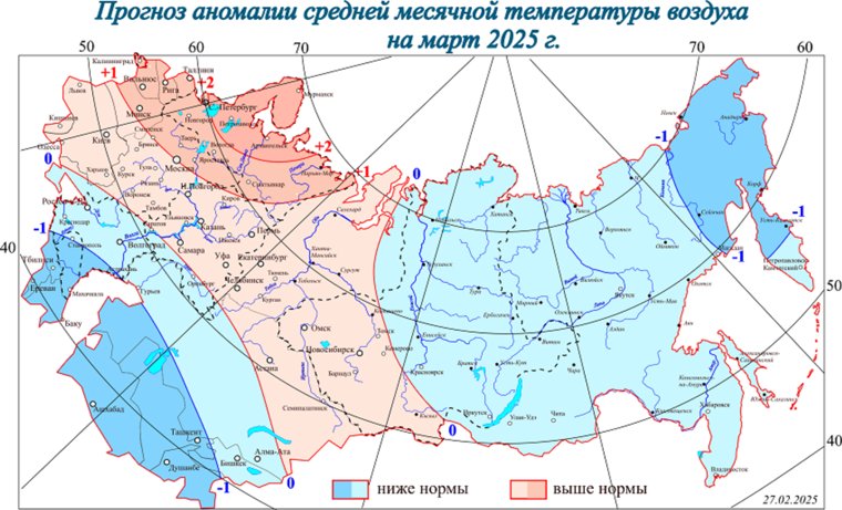 Прогноз отклонения температуры на март 2025 для России