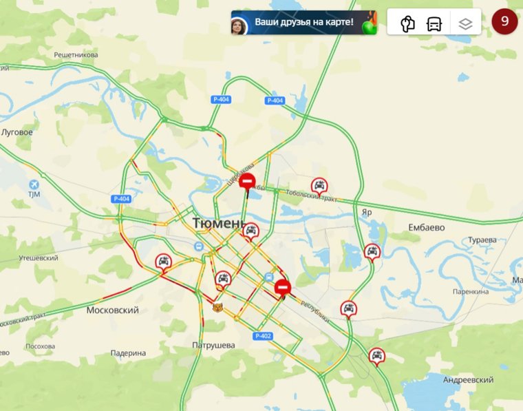 Карта пробок в Тюмени 10 октября