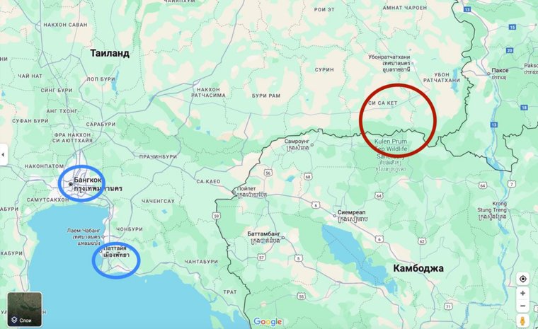Синим обведены популярные курорты Таиланда, красным — место предполагаемого столкновения 