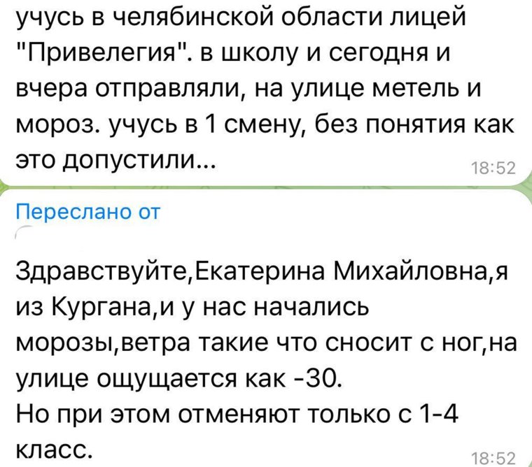 Школьники из Кургана пожаловались Екатерине Мизулиной на учебу в школе в мороз