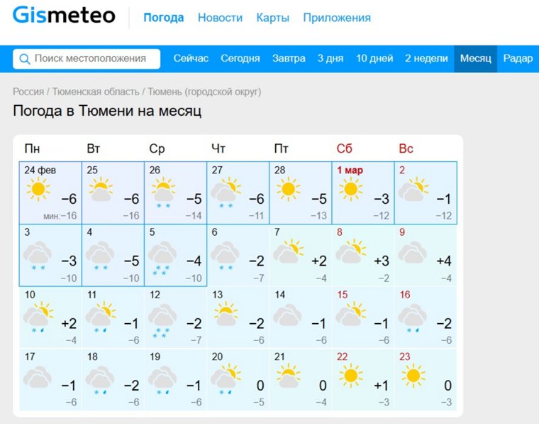 Прогноз погоды в Тюмени на месяц