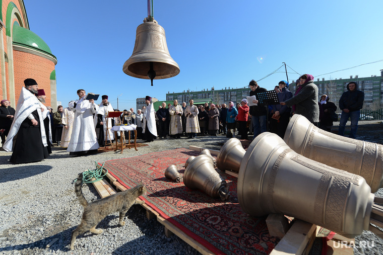 Освящение и подвеска колокола. Челябинск., кошка, молитва, колокол, служба