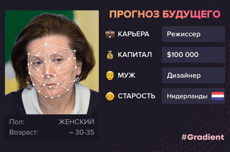 Результаты популярного приложения Gradient (делает шуточный прогноз будущего по фото) для губернатора Натальи Комаровой