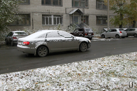 Первый снег Курган, трава в снегу, автомобиль в снегу
