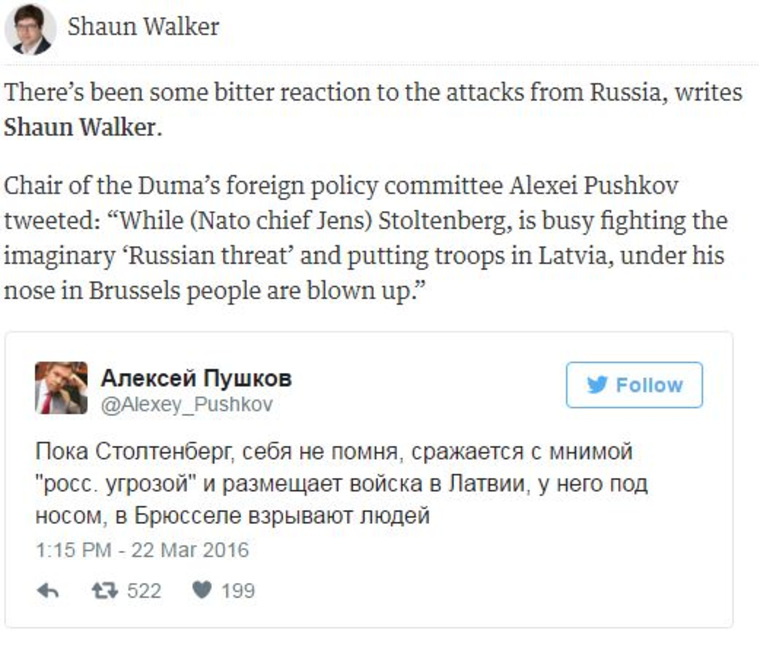 В новостной ленте The Guardian о терактах в Брюсселе недоумевают из-за «злорадства» российских чиновников
