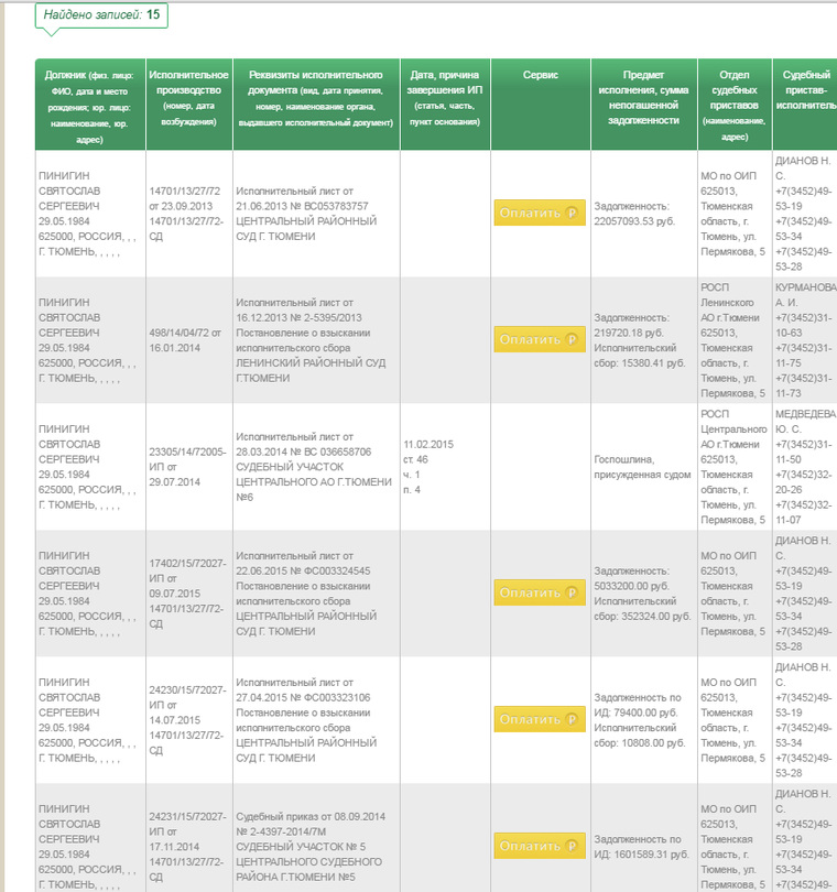 Часть списка исполнительных производств, возбужденных в отношении С. Пинигина