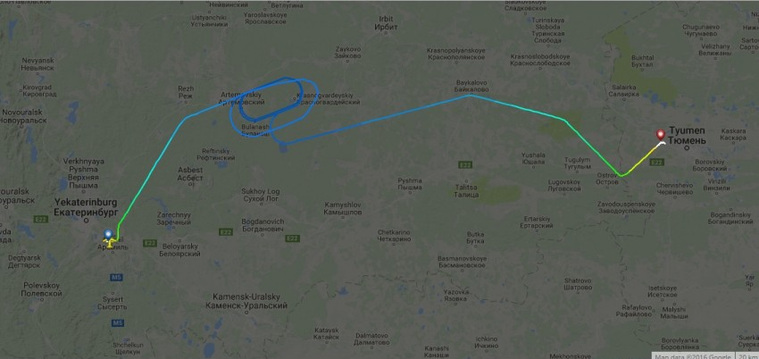 Согласно информации с сервиса www.flightradar24.com, борт сначала совершил несколько кругов в районе Артемовска. По всей видимости, воздушное судно было намерено вернуться в Екатеринбург, но ему помешала плохая погода.