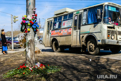Место гибели семилетнего ребенка под колесами автобуса в Кургане, место гибели, пазик, цветы у дороги