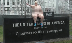 Дама в гриме «под Трампа» разделась до трусов под окнами посольства США