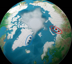 Местоположение шести исследовательских участков: Еркута, Сабетта и о. Белый на Ямале, Россия (красным), Хохстеттер Форланд, Закенберг и Карупельв Валей в Гренландии (синим).