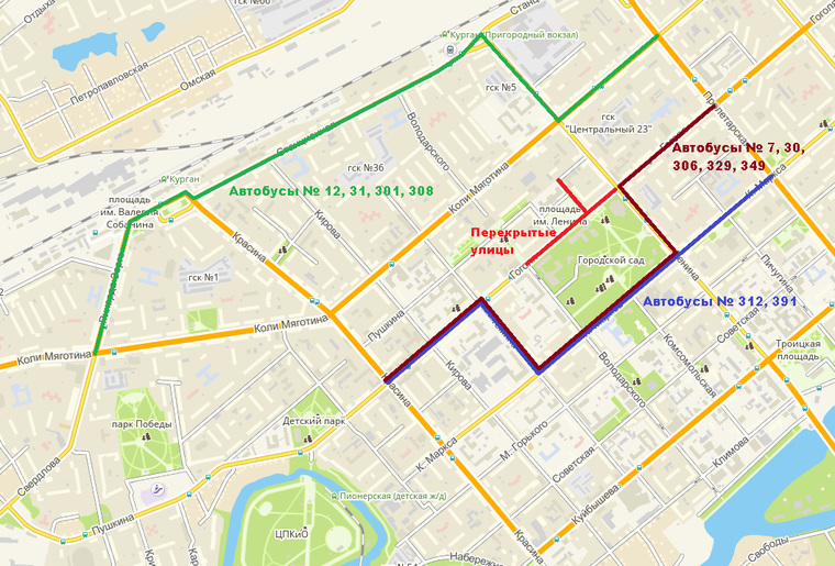 Схема движения транспорта в Кургане 23 августа, с 18:00 до 20:30 часов