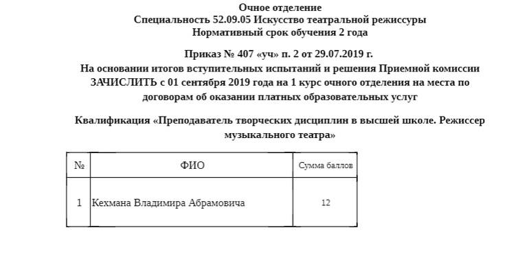 Приказ о зачислении Владимира Кехмана на первый курс