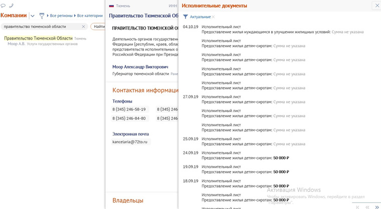 Скриншот данных правительства Тюменской области в системе СБИС