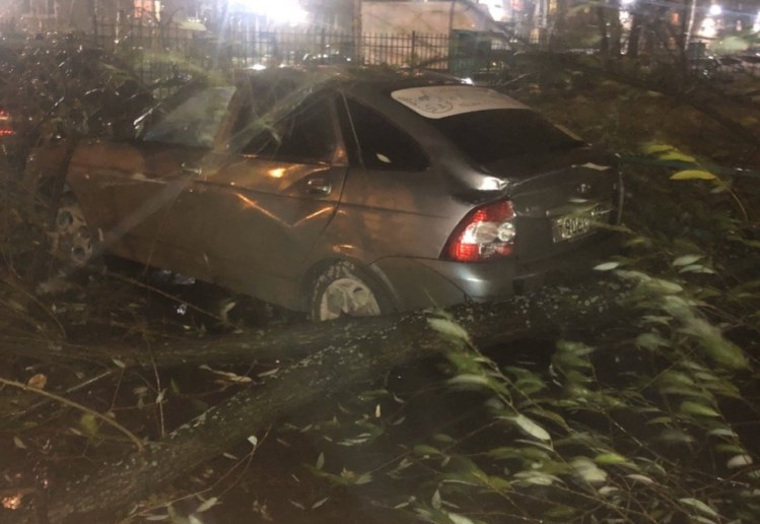 Во время урагана в Екатеринбурге на машину рухнуло дерево