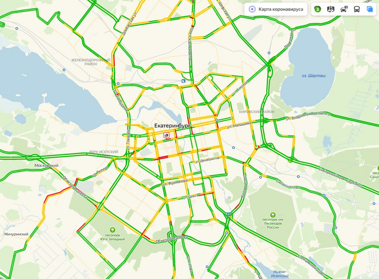 Приложение «Яндекс. Карты» показывает, что 25 марта на 19:00 в Екатеринбурге движение свободно. Пробки — 3 балла