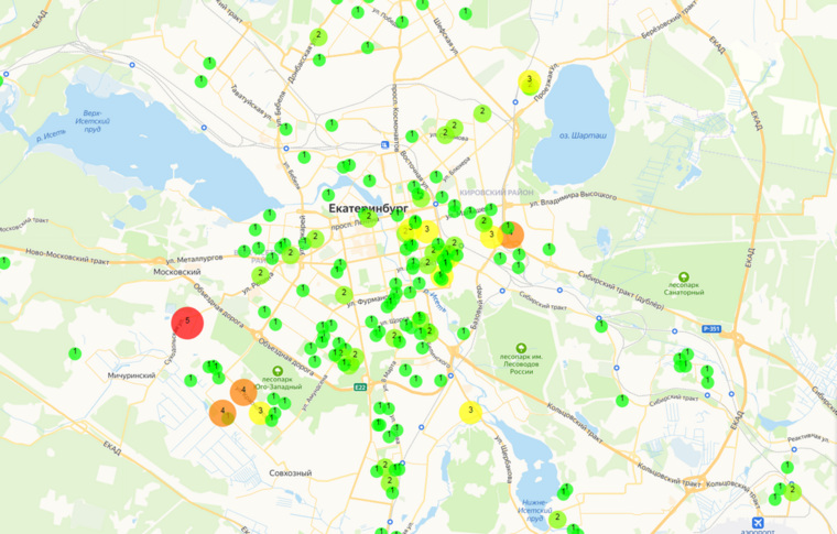Карта распространения коронавируса в Екатеринбурге