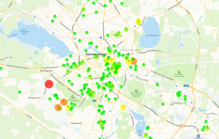 Карта распространения коронавируса в Екатеринбурге