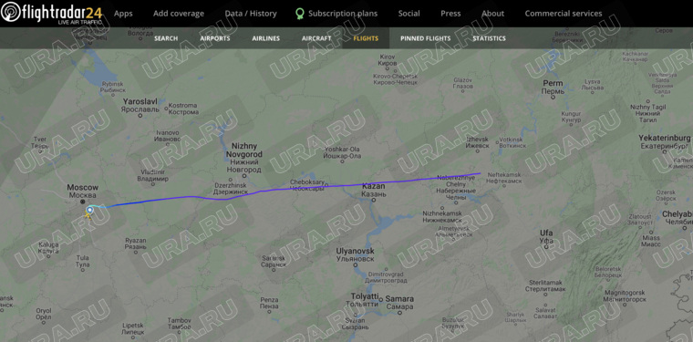 Bombardier CRJ-200LR направлялся в сторону Екатеринбурга, но перестал передавать доступную информацию о своем местоположении спустя час после взлета.