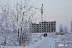 Установка новогодней ёлки на центральной площади. Курган, зима, строительный кран, новостройки, стройка