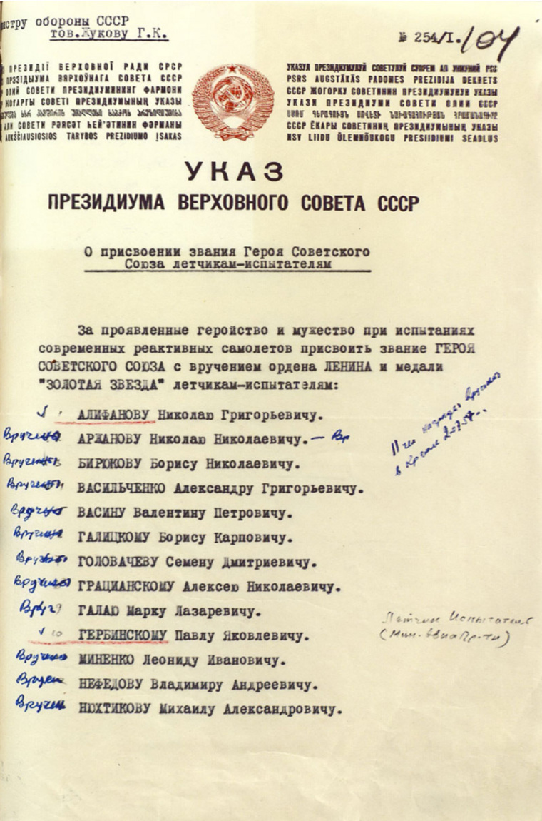 Указ президиума Верховного совета СССР о присвоении звания Героя Советского Союза летчикам-испытателям (из личного дела летчика-испытателя Марка Галлая)