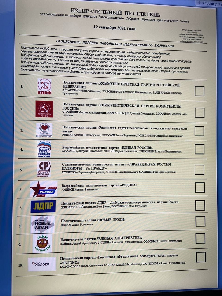 Вид избирательного бюллетеня на выборах в законодательное собрание Пермского края в 2021 году