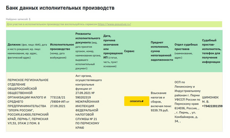 Налоговая служба взыскивает с Пермского регтоделения «ОПОРЫ РОССИИ» 9339,79 рублей