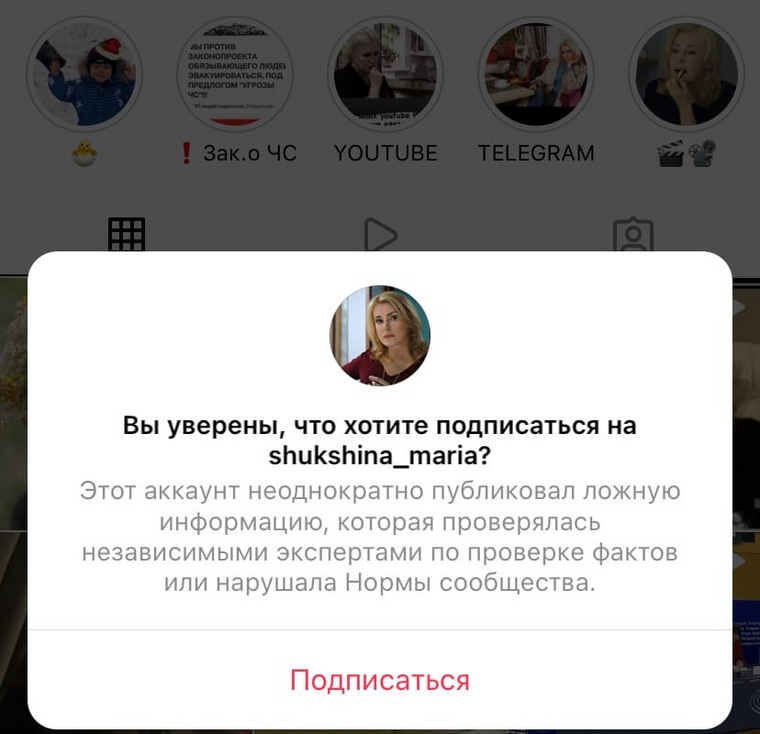 Перед подпиской на страницу Шукшиной появляется предупреждение