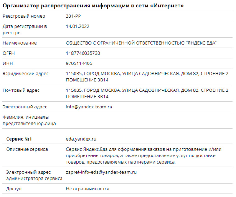 В реестр внесли сервис «Яндекс.Еда»