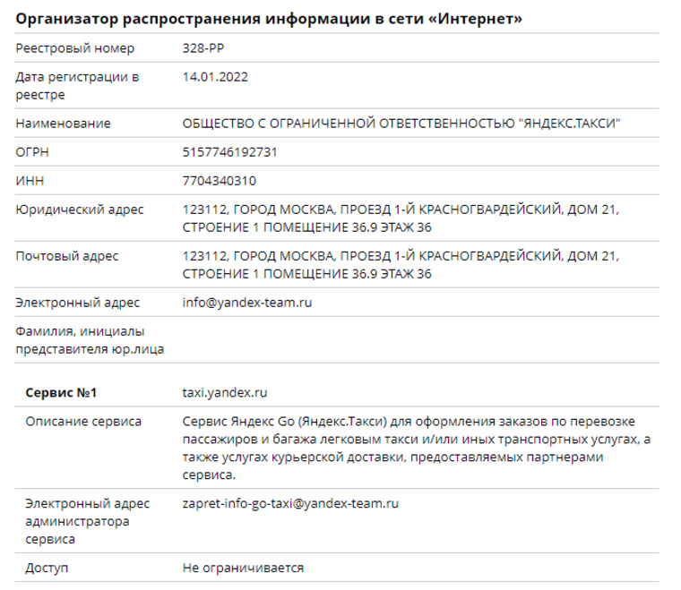 В реестр внесли сервис «Яндекс.Такси»