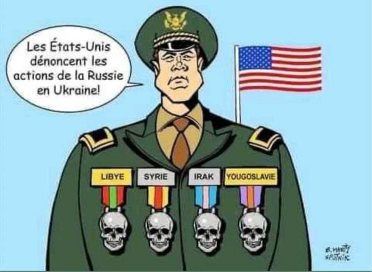 США осуждает действия России на Украине, заявляет персонаж карикатуры