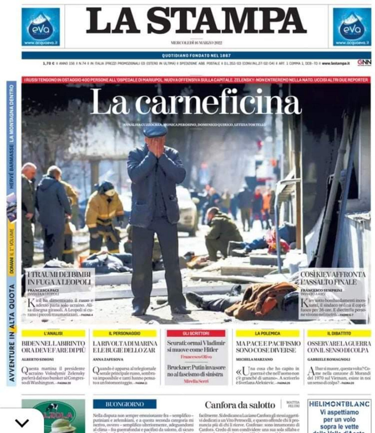 Первая полоса La Stampa подает фото в качестве удара российских войск по Киеву. Но это неправда