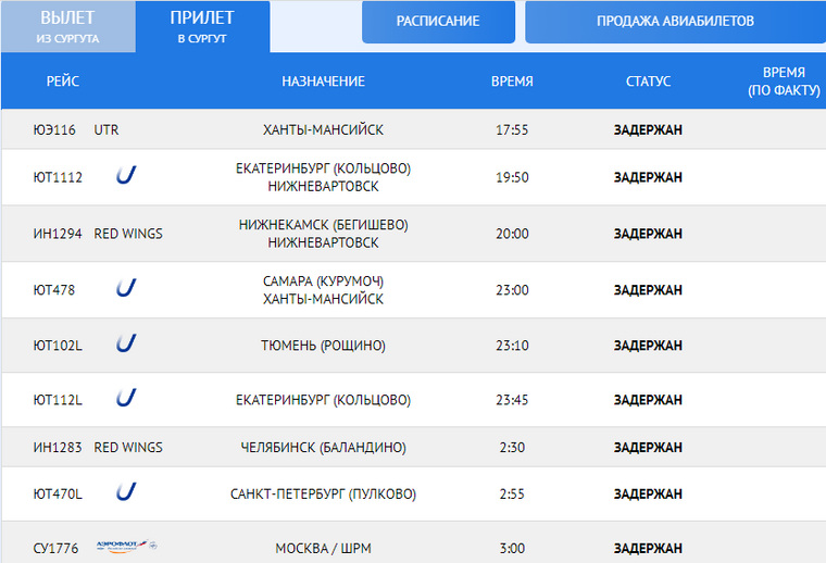 Скрин онлайн-табло аэропорта Сургута