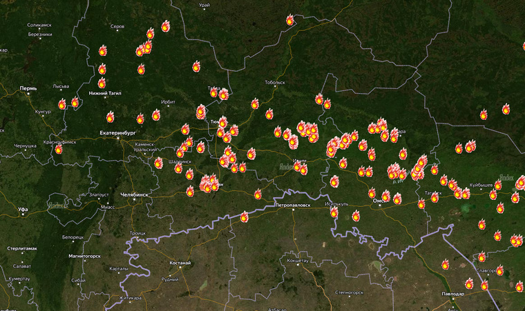 Основные пожары проходят между Екатеринбургом и Ирбитом, Екатеринбургом и Нижнем Тагиле — Серове
