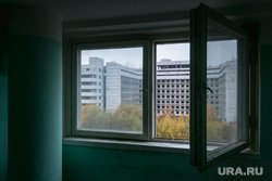 The beginning of the demolition of the Khovrinskaya hospital in Moscow, the view from the window, an open window, a window, the Khovrinskaya hospital