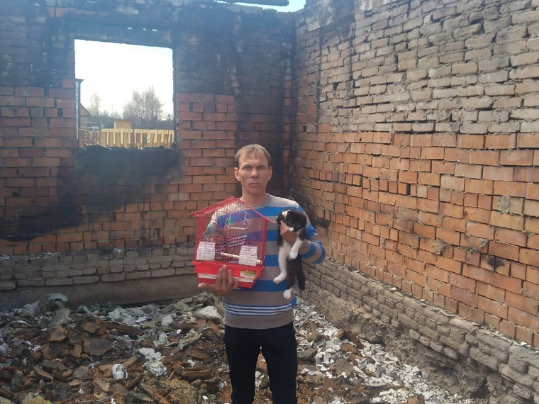 Александр Иноземцев вместе со спасенным котенком и попугаем на месте своего сгоревшего дома