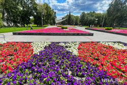 Город. Курган, горсад, лето, клумбы, петуньи, цветы