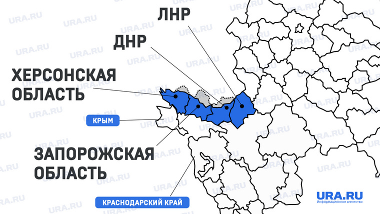 Серым обозначены территории Донецкой, Запорожской и Херсонской областей, которые пока находятся под контролем Украины