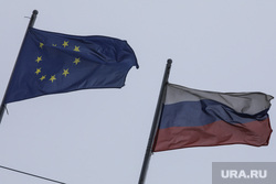 Flags and briefcases.  Moscow, russia, flag, flag of russia, european union flag, european union flag