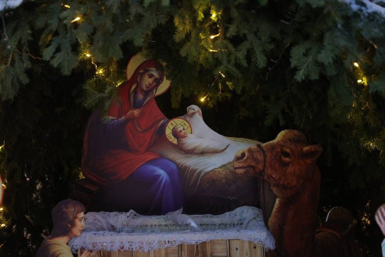 В центре композиции размещены ясли с сеном, где лежит юный Иисус Христос, рядом с ним — Дева Мария и Иосиф