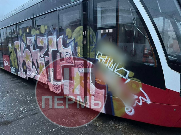 Граффити на трамвае сопровождает надпись с нецензурной бранью