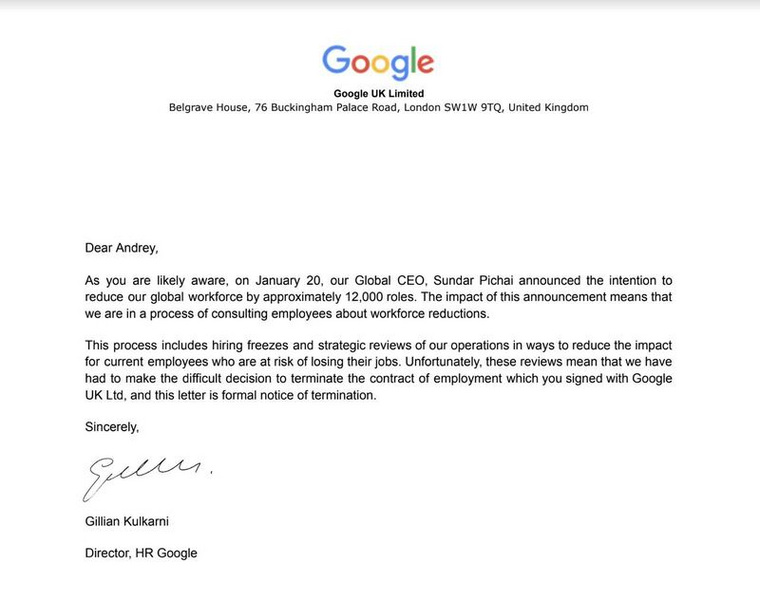 Скриншот сообщения от Google о прекращении контракта с Андреем Гейном