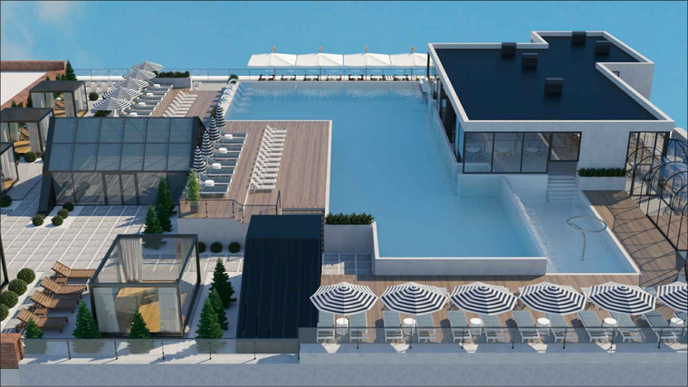Большой открытый бассейн с гидромассажем на крыше станет главной изюминкой проекта