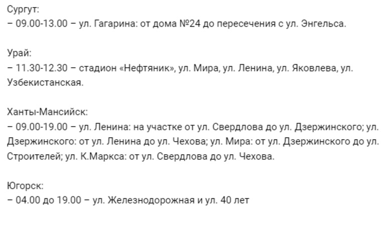 Список перекрытия улиц в городах ХМАО