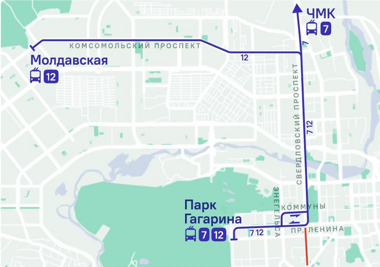 Троллейбусы №7 и №12 будут сворачивать со Свердловского проспекта на проспект Ленина и доезжать до остановки Парк Гагарина